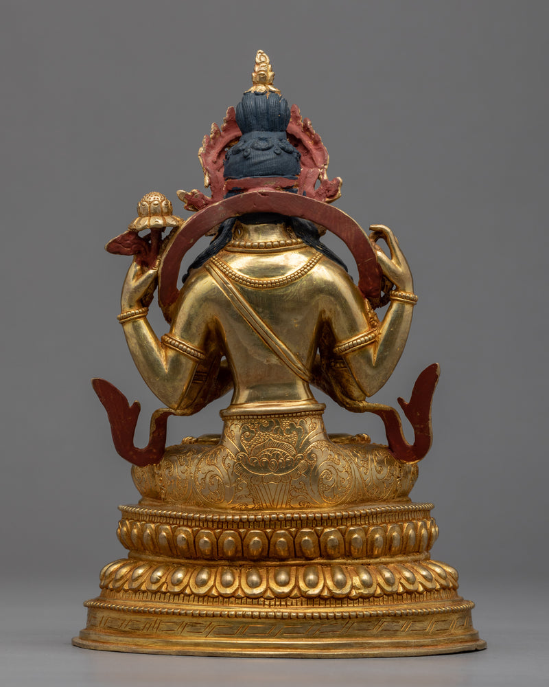 Four Armed Chenrezig Gold Sculpture | Hand Carved Himalayan Art