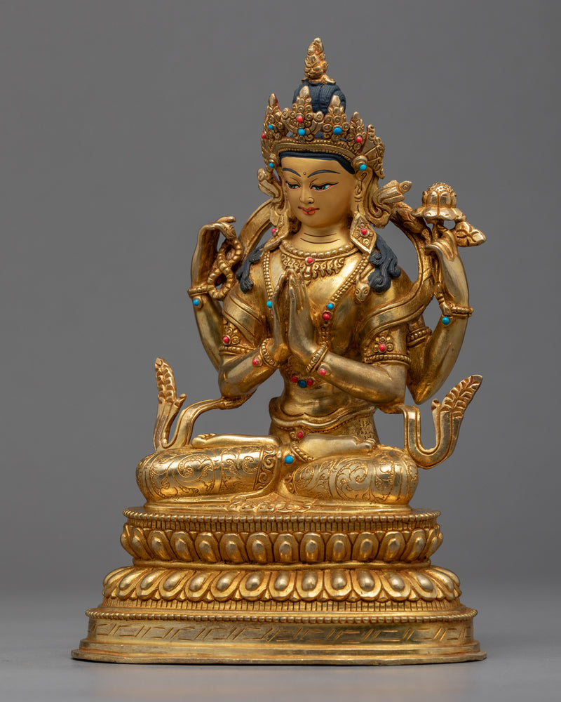 Four Armed Chenrezig Gold Sculpture | Hand Carved Himalayan Art
