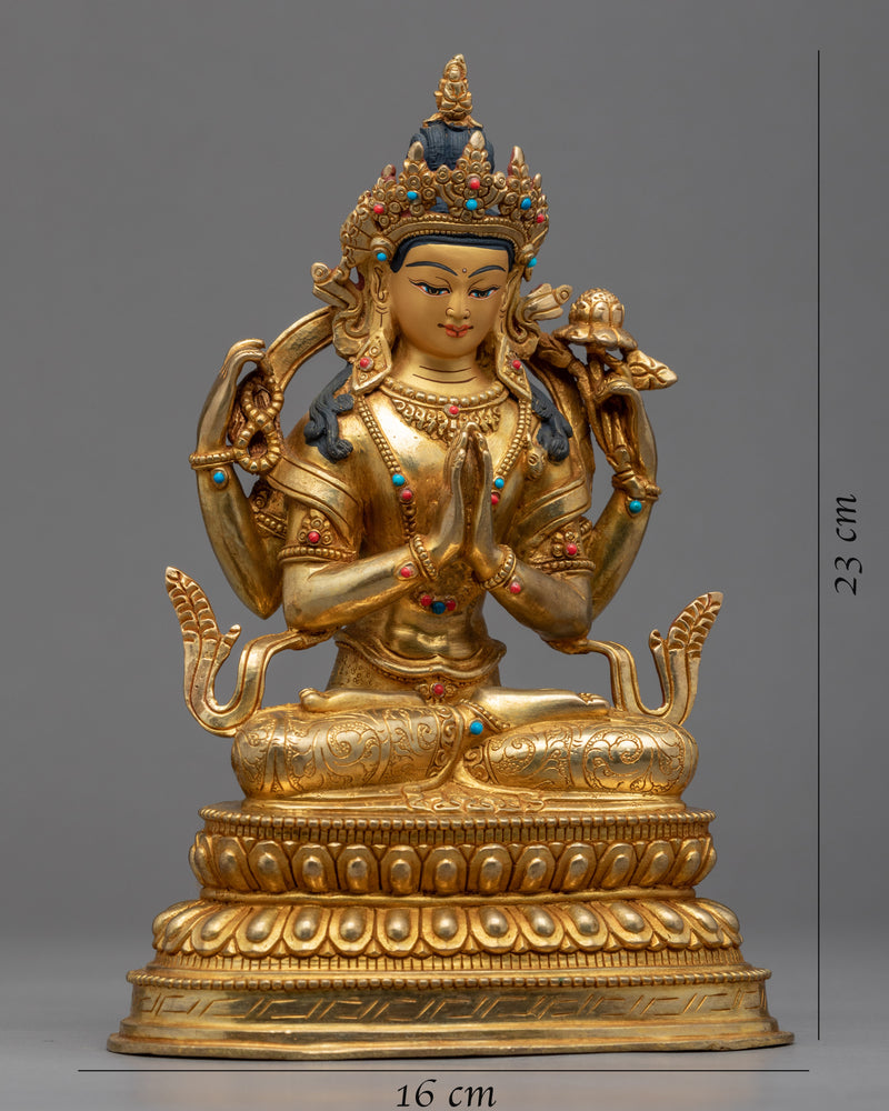Four Armed Chenrezig Gold Sculpture | Hand Carved Himalayan Art
