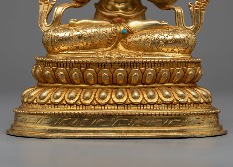 Four Armed Chenrezig Gold Sculpture | Hand Carved Himalayan Art