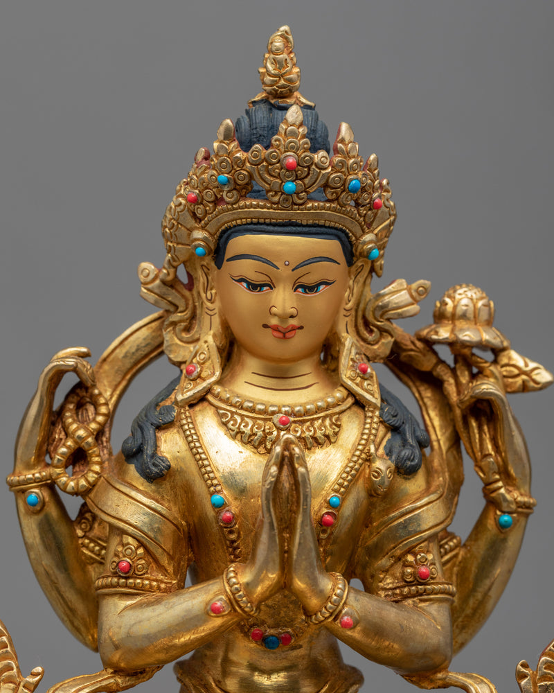 Four Armed Chenrezig Gold Sculpture | Hand Carved Himalayan Art