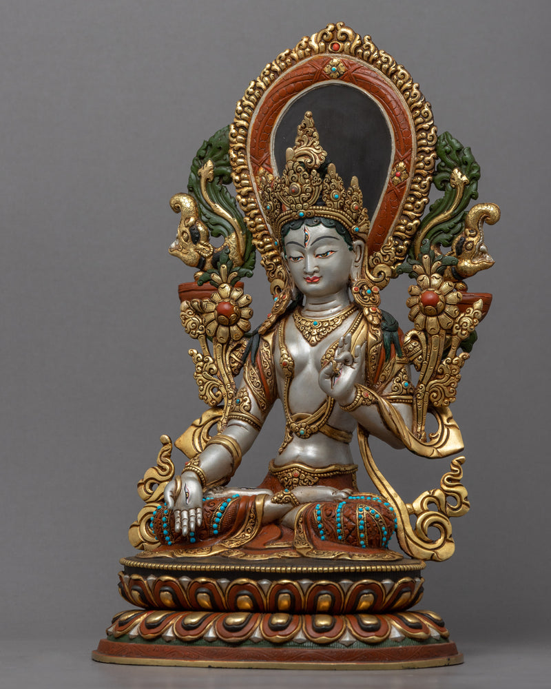 White Tara Symbolism Statue | Tibetan Tara Art Plated with Gold