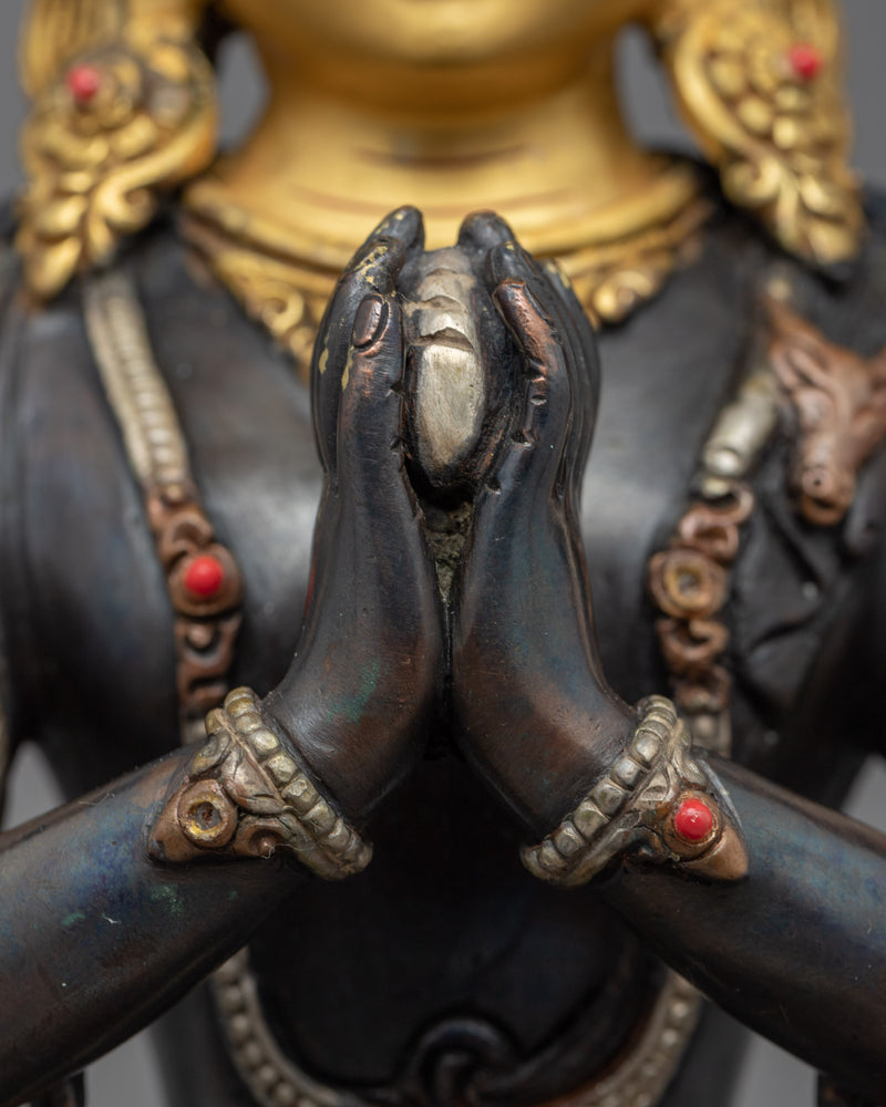 4 Armed Avalokiteshvara Buddhism Sculpture | Gold Gilded Statue For Meditation