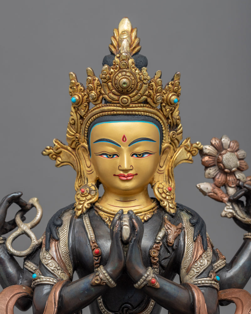 4 Armed Avalokiteshvara Buddhism Sculpture | Gold Gilded Statue For Meditation