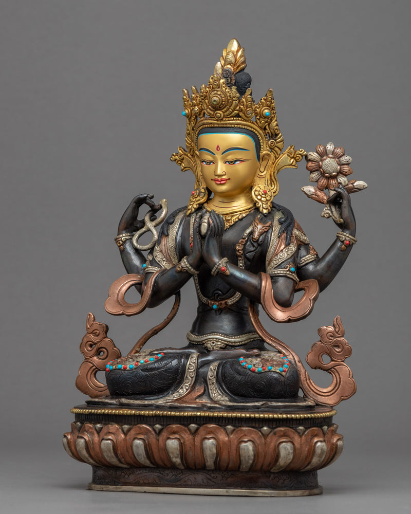 4 Armed Avalokiteshvara Buddhism Sculpture | Gold Gilded Statue For Meditation