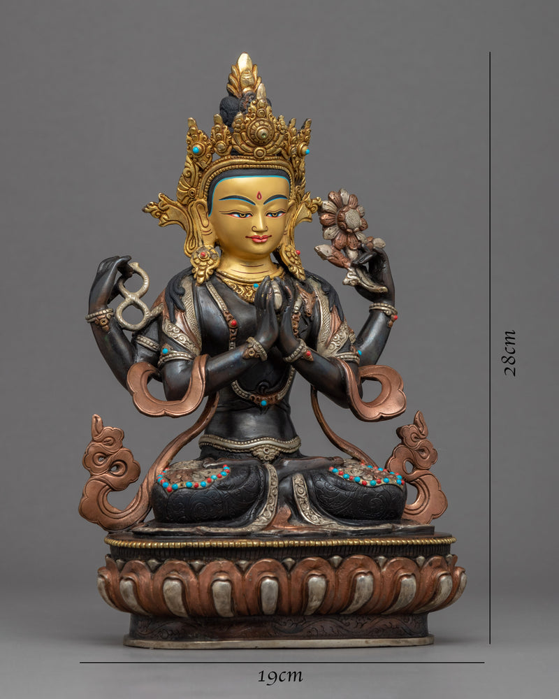 4 Armed Avalokiteshvara Buddhism Sculpture | Gold Gilded Statue For Meditation
