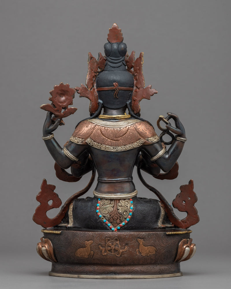 4 Armed Avalokiteshvara Buddhism Sculpture | Gold Gilded Statue For Meditation