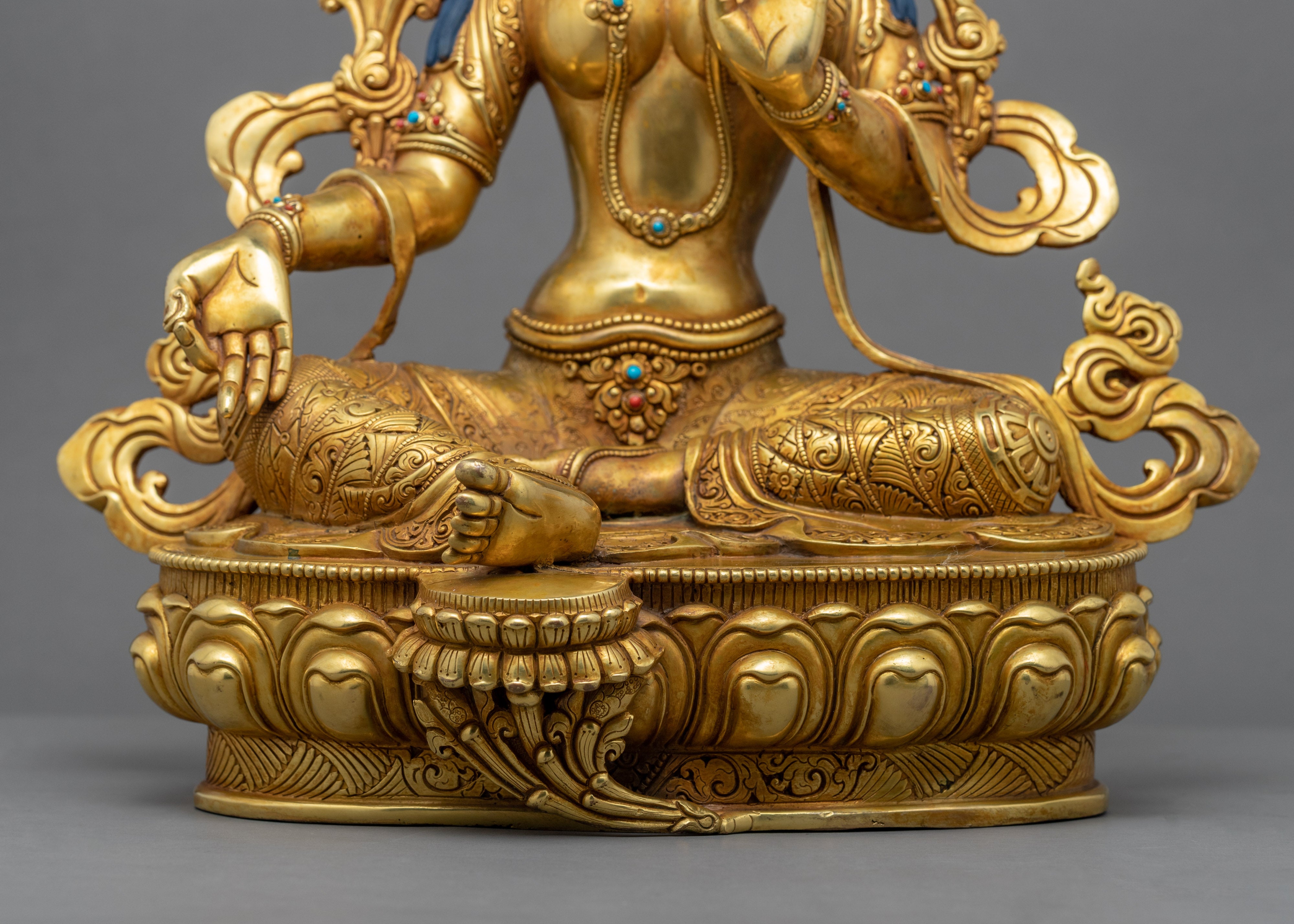 Traditionally Gold-Gilded Green Tara Mudra Practice Statue | Tibetan Art Plated with Gold
