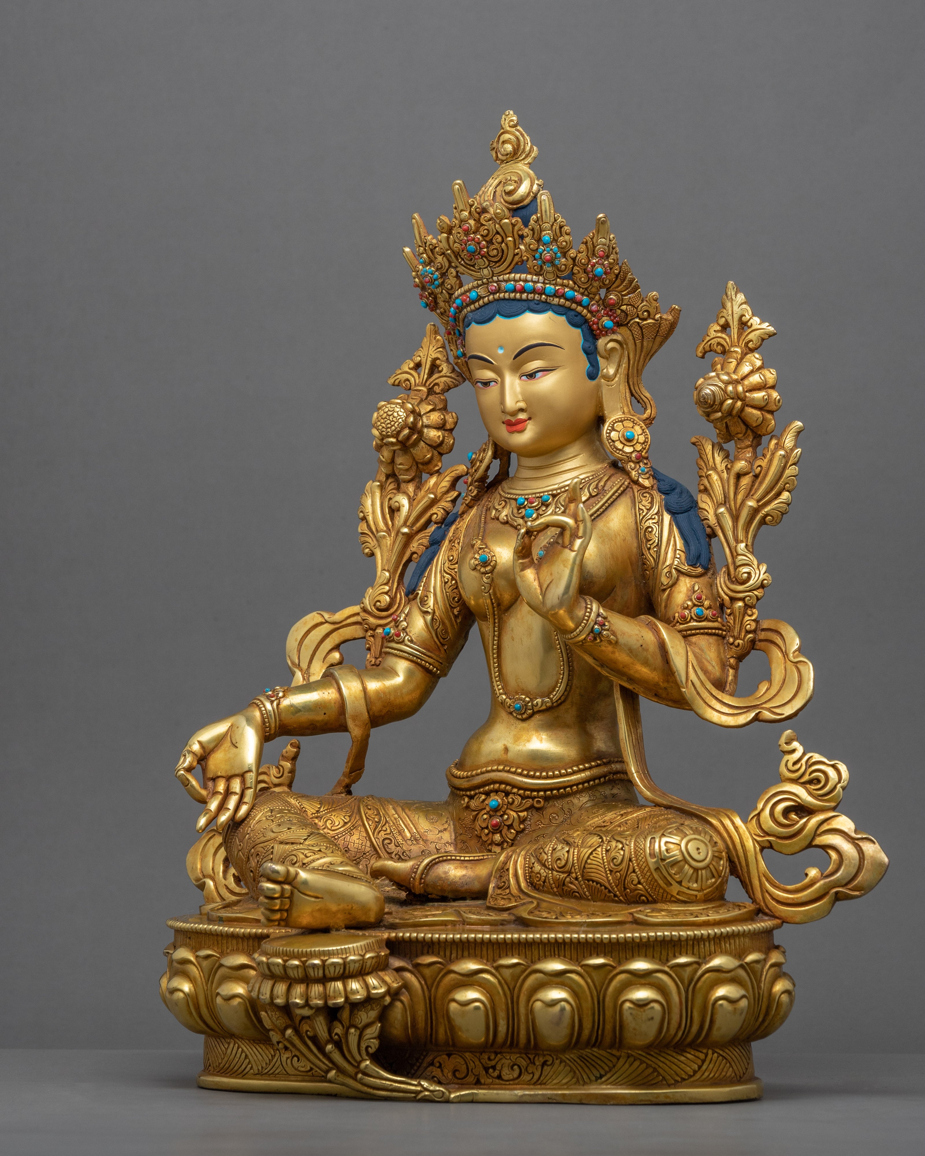 Traditionally Gold-Gilded Green Tara Mudra Practice Statue | Tibetan Art Plated with Gold
