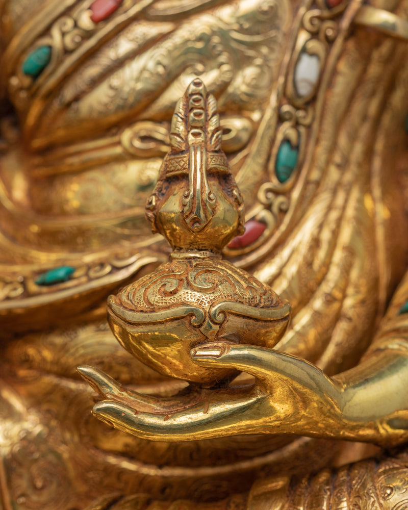 Buddha Guru Rinpoche Sculpture | Master Padmasambhava Hand Carved Gold Art