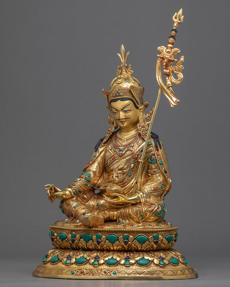 Buddha Guru Rinpoche Sculpture | Master Padmasambhava Hand Carved Gold Art