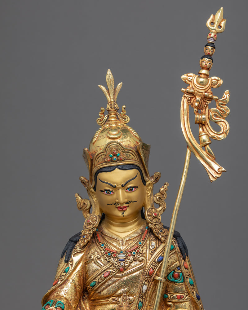 Buddha Guru Rinpoche Sculpture | Master Padmasambhava Hand Carved Gold Art