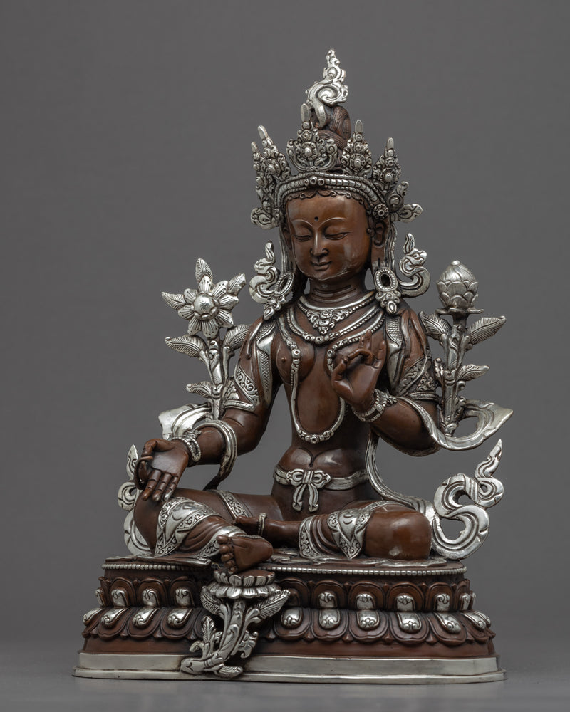 Green Tara Copper Sculpture | Tibetan Art Plated with Silver