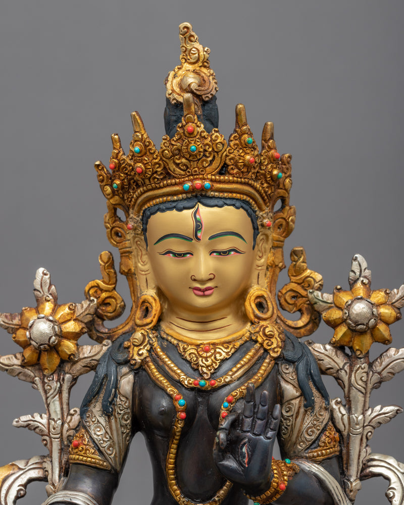 White Tara Female Buddha Statue | Tibetan Tara Art Plated with Gold