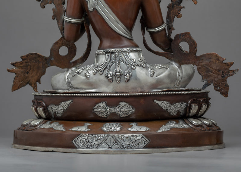 Hand Carved Silver Tara Statue | Silver Plated Green Tara Traditional Artwork