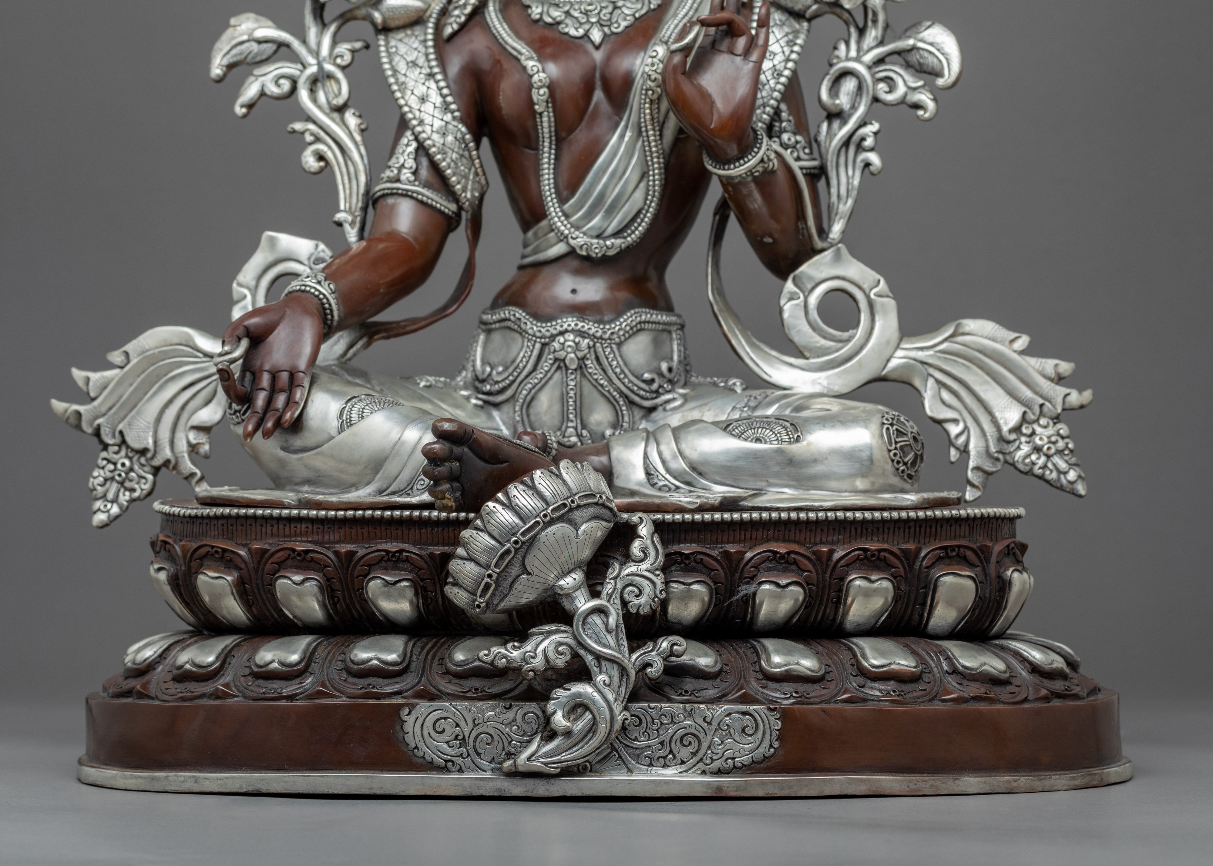 Hand Carved Silver Tara Statue | Silver Plated Green Tara Traditional Artwork