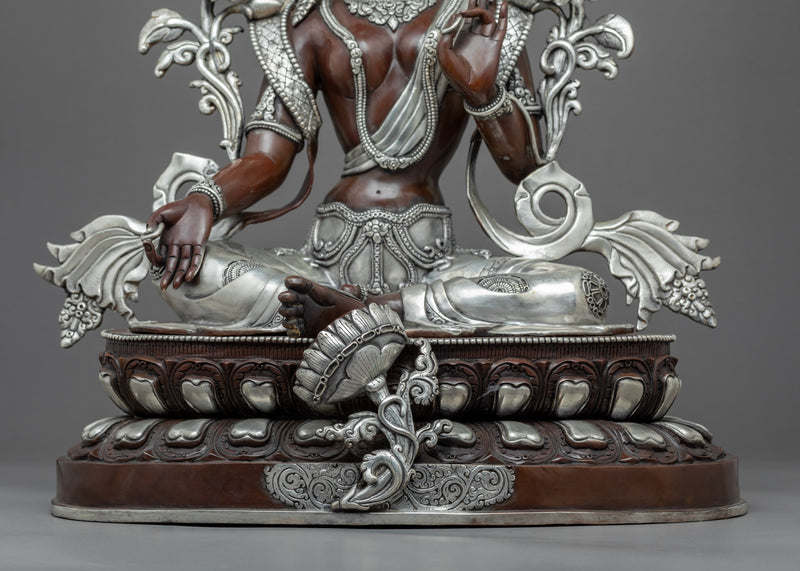 Hand Carved Silver Tara Statue | Silver Plated Green Tara Traditional Artwork
