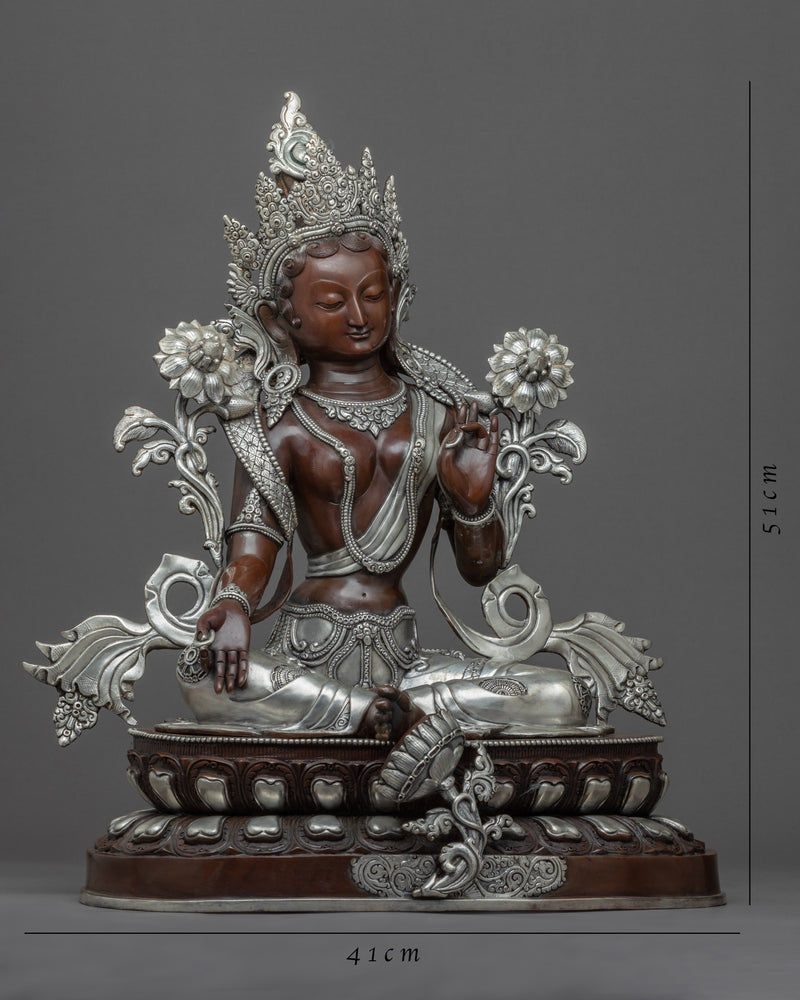 Hand Carved Silver Tara Statue | Silver Plated Green Tara Traditional Artwork