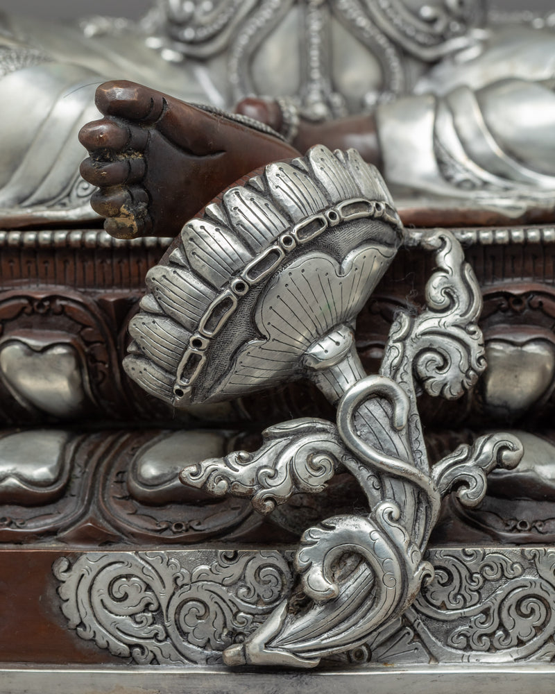 Hand Carved Silver Tara Statue | Silver Plated Green Tara Traditional Artwork