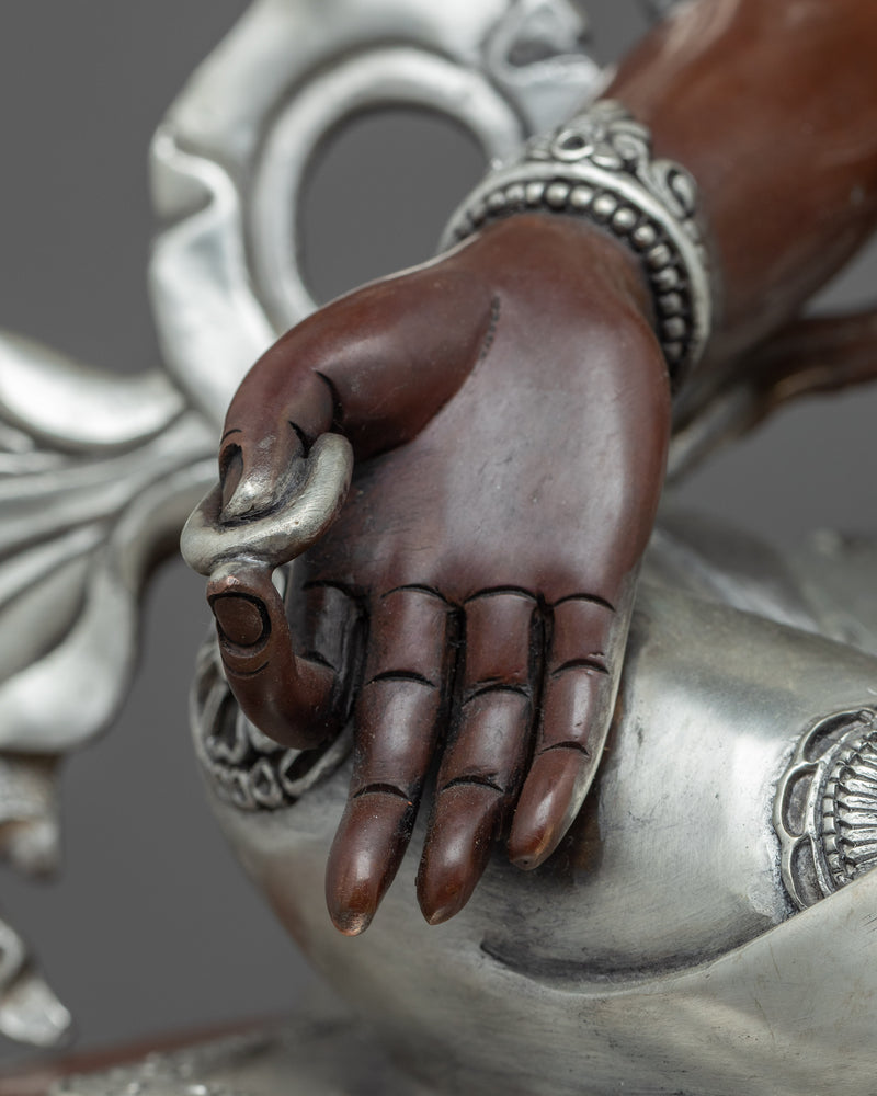 Hand Carved Silver Tara Statue | Silver Plated Green Tara Traditional Artwork