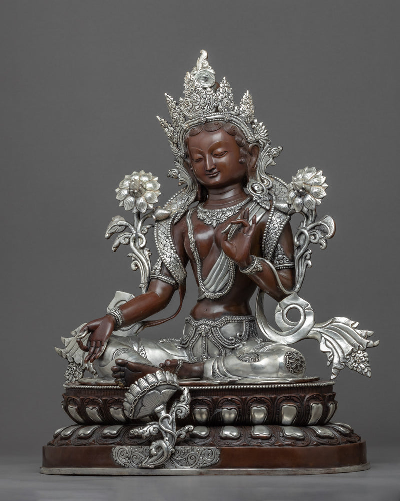 Hand Carved Silver Tara Statue | Silver Plated Green Tara Traditional Artwork