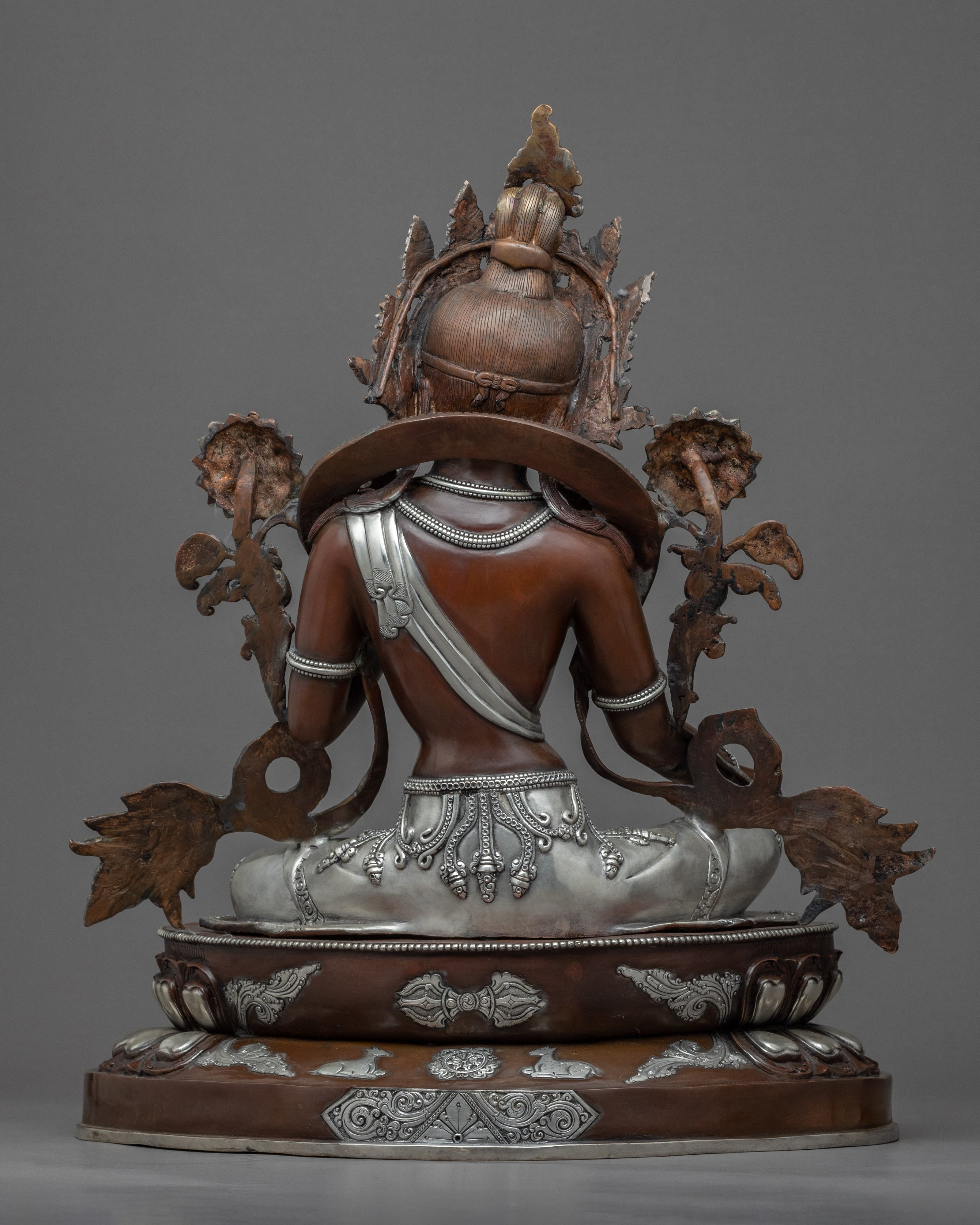 Hand Carved Silver Tara Statue | Silver Plated Green Tara Traditional Artwork