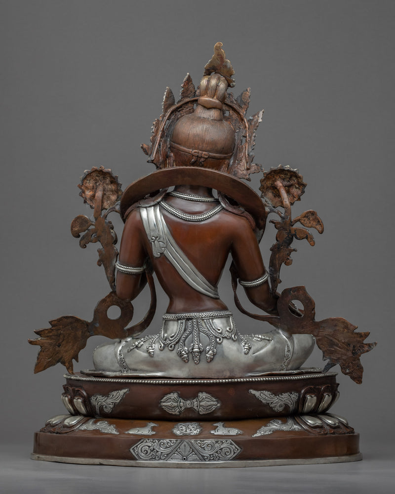 Hand Carved Silver Tara Statue | Silver Plated Green Tara Traditional Artwork