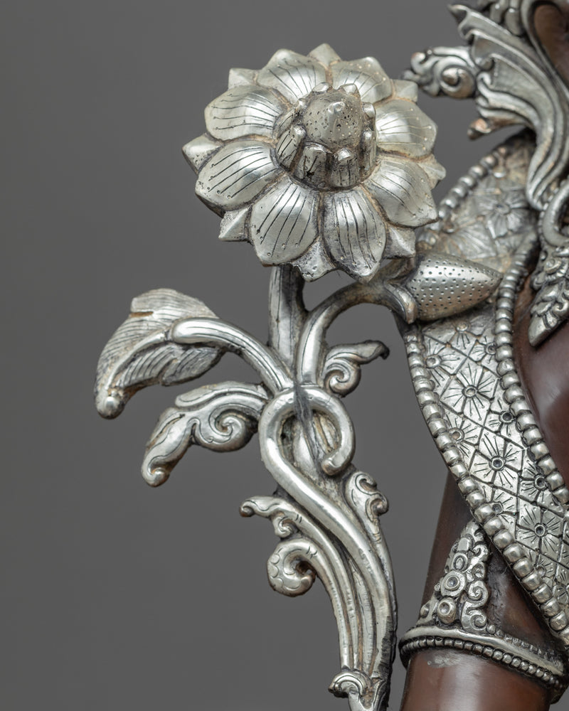 Hand Carved Silver Tara Statue | Silver Plated Green Tara Traditional Artwork