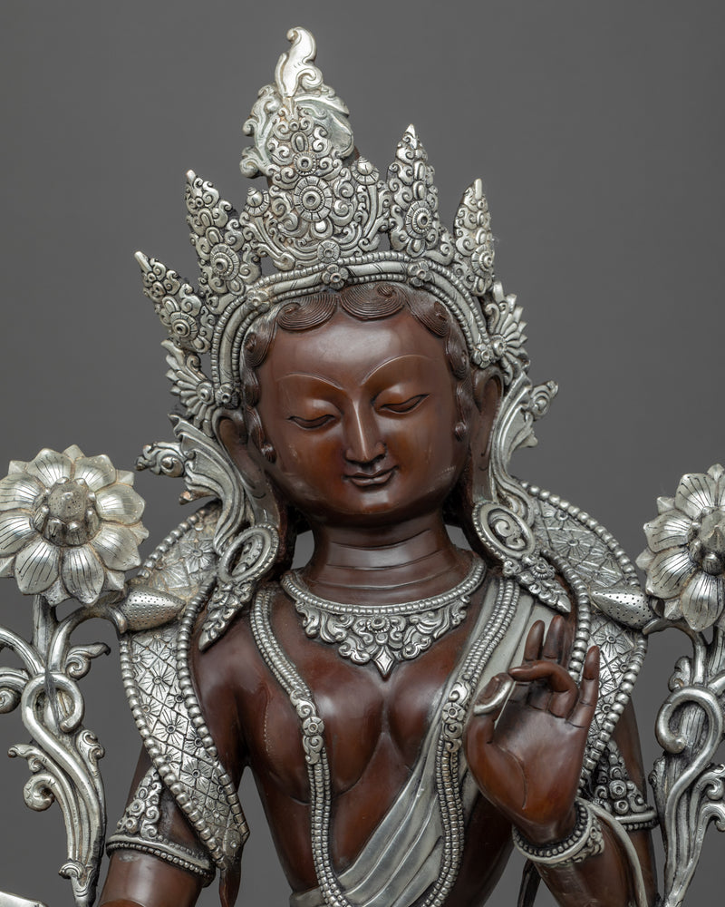 Hand Carved Silver Tara Statue | Silver Plated Green Tara Traditional Artwork
