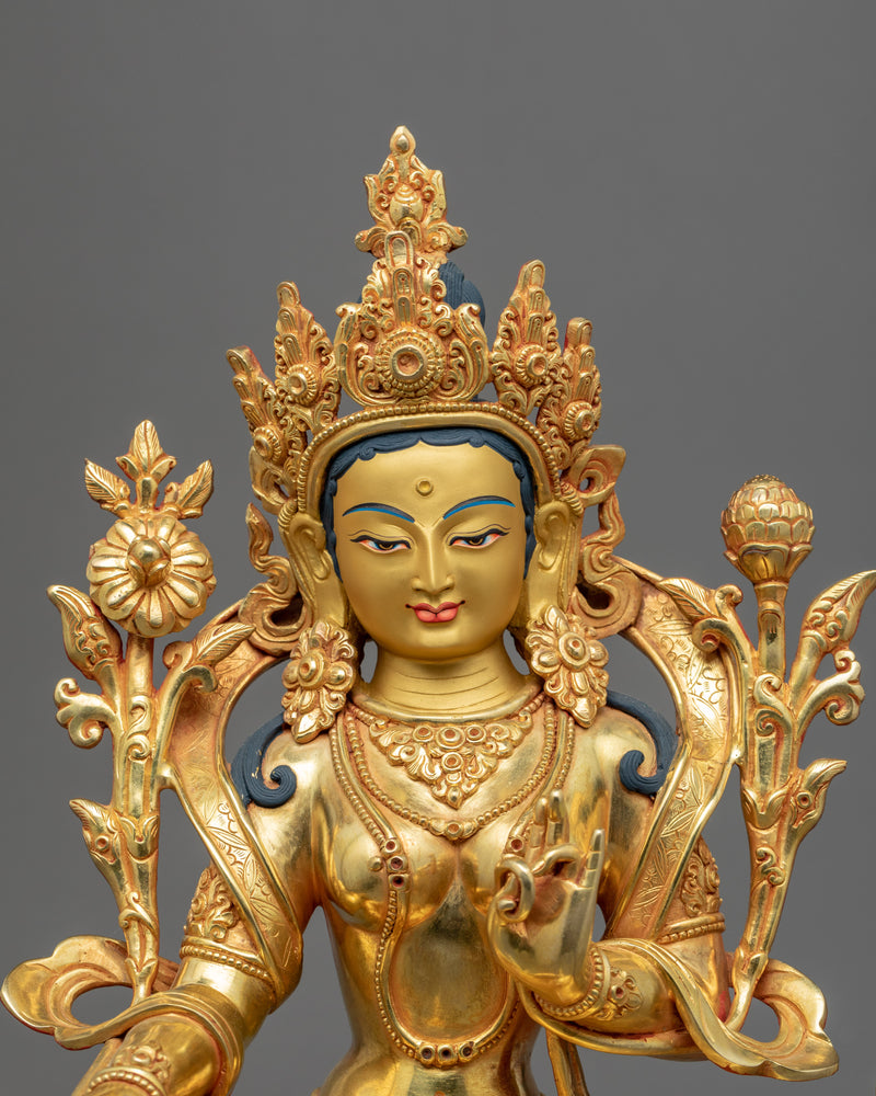 Green Tara Goddess Buddhism Sculpture | Hand-Carved Female Buddha Artwork