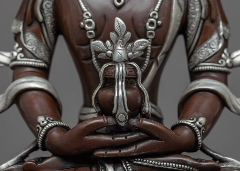 Amitayus Long Life Buddha Sculpture | Tibetan Sculpture Plated with Silver
