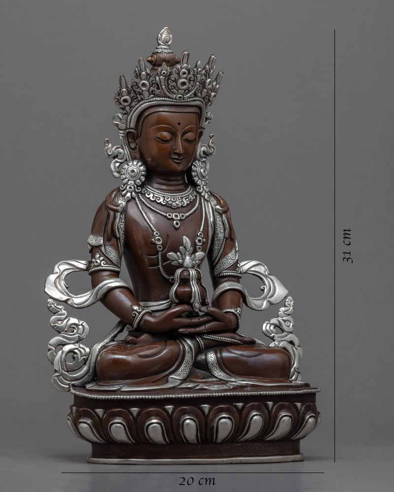 Amitayus Long Life Buddha Sculpture | Tibetan Sculpture Plated with Silver