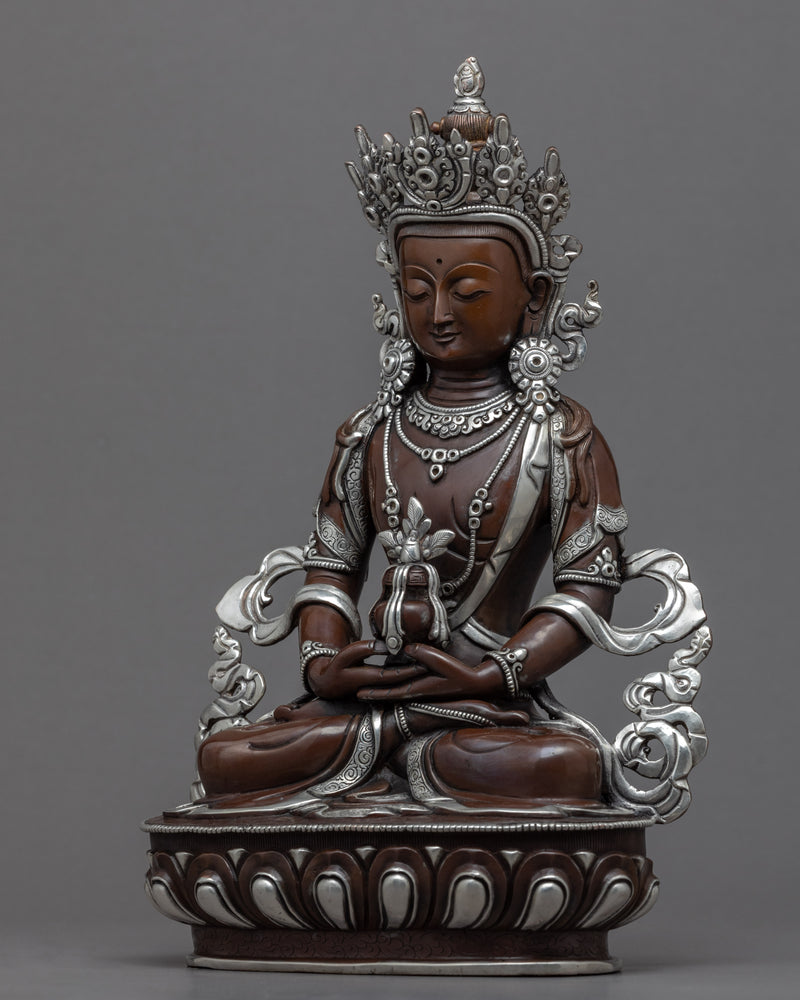 Amitayus Long Life Buddha Sculpture | Tibetan Sculpture Plated with Silver