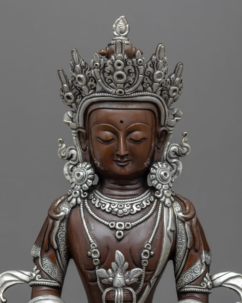 Amitayus Long Life Buddha Sculpture | Tibetan Sculpture Plated with Silver