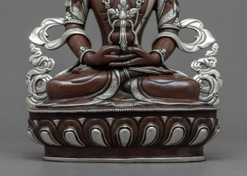 Amitayus Long Life Buddha Sculpture | Tibetan Sculpture Plated with Silver