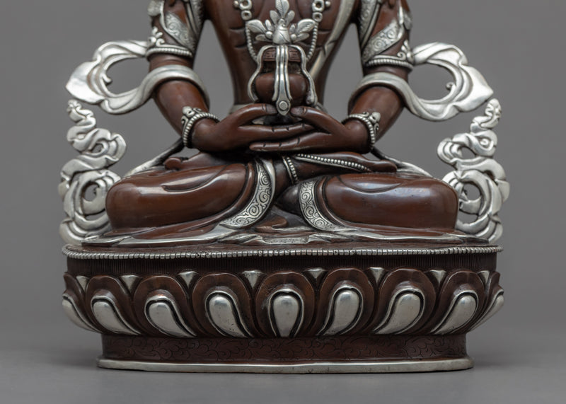 Amitayus Long Life Buddha Sculpture | Tibetan Sculpture Plated with Silver