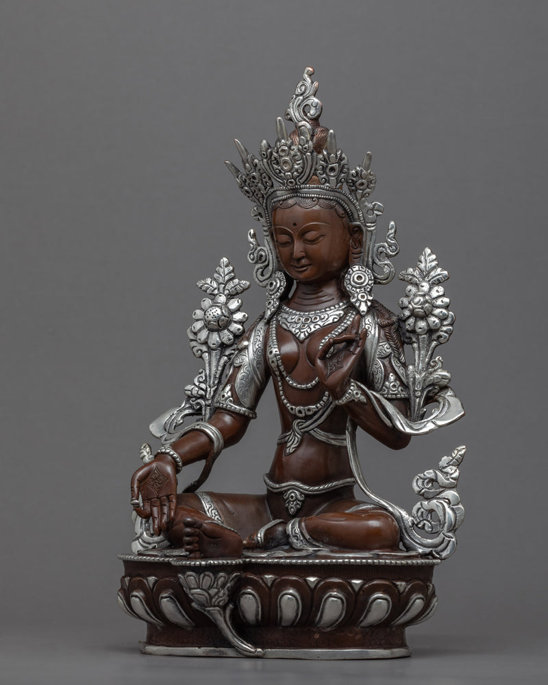 Silver Tara Sculpture | Himalayan Buddhist Artwork Of Green Tara