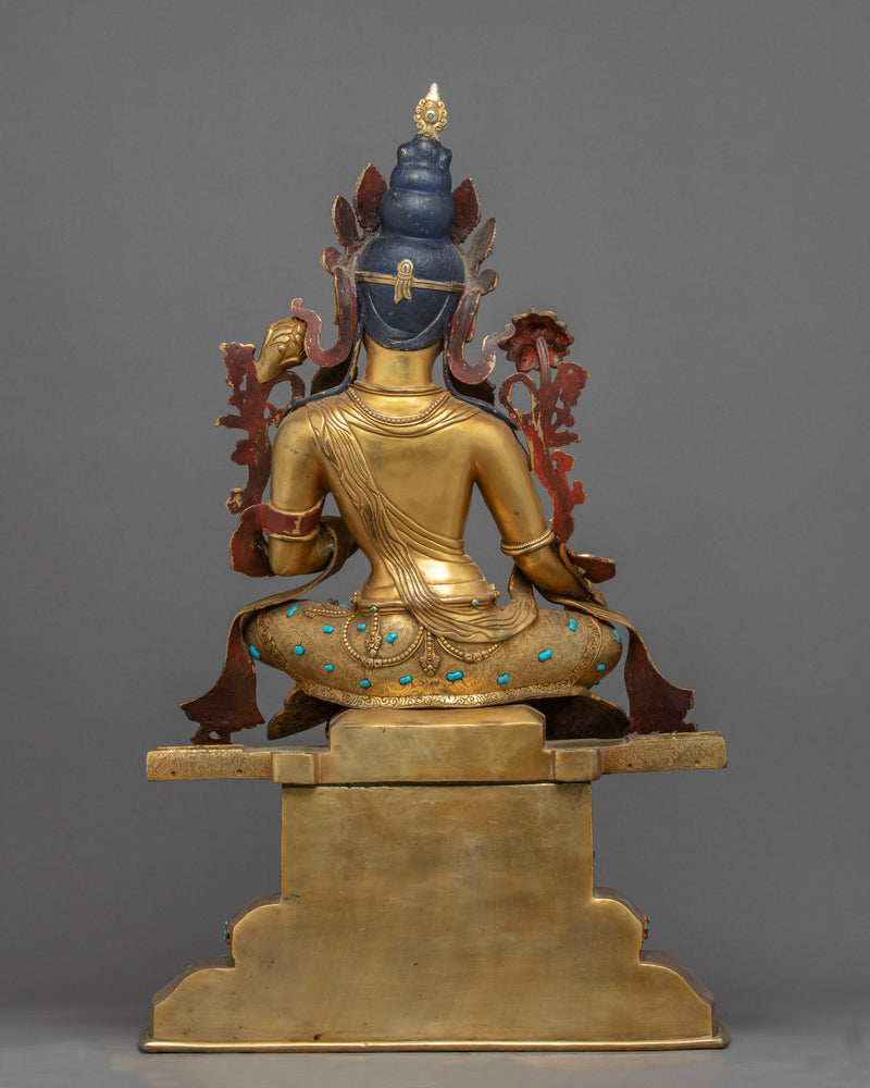 Green Tara Buddha Symbol Statue | 24K Gold Hand Carved Tara On Throne
