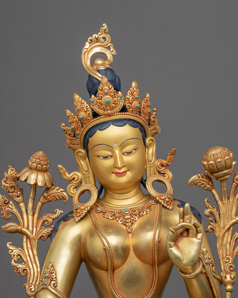 Green Tara Mother Of All Buddhas Sculpture | Gold Gilded Mother Tara Figurine For Mantra Practice