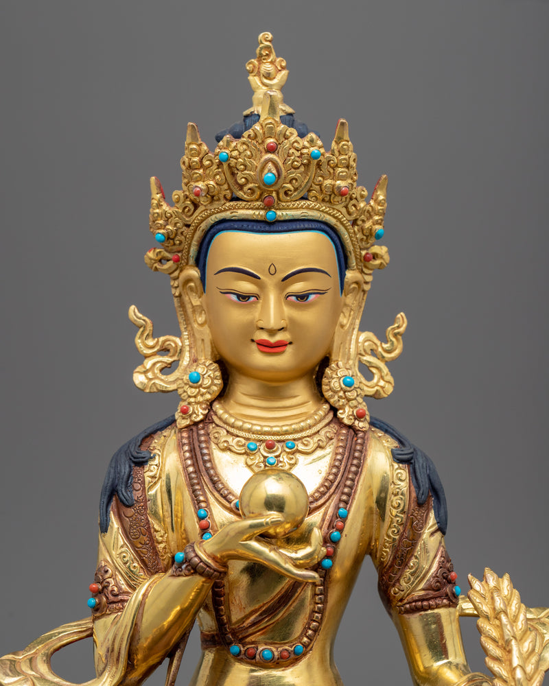 Tibetan Ksitigarbha Gold Statue | Himalayan Bodhisattva Art With Hand-Carvings