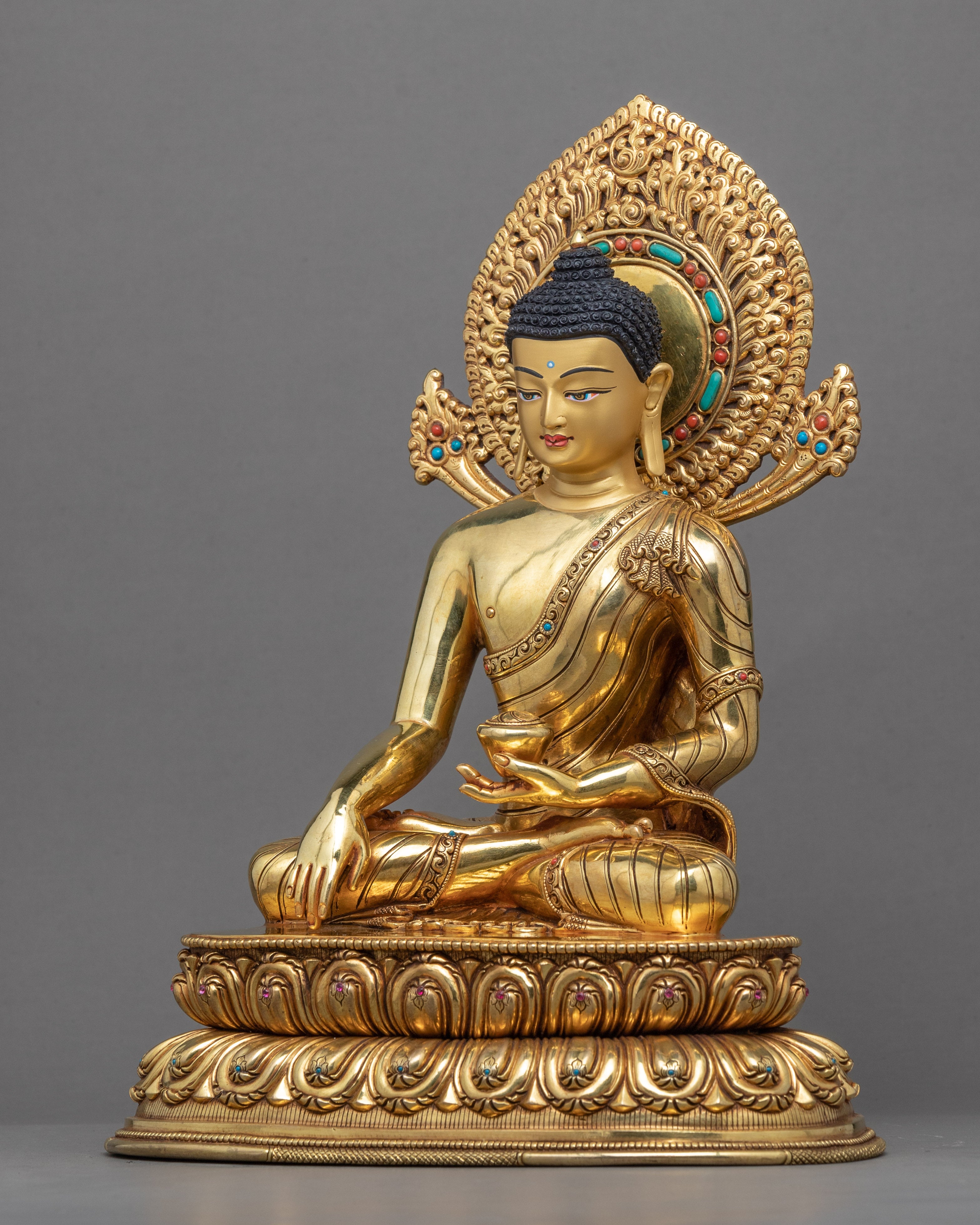 Seated Shakyamuni Buddha In Lotus Statue | Tibetan Art Plated with Gold