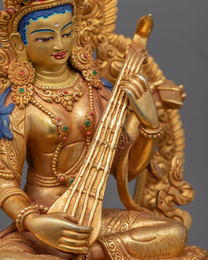 Gold-Gilded Statue For Saraswati Prayer | Buddha Dakini Seated On Throne Sculpture