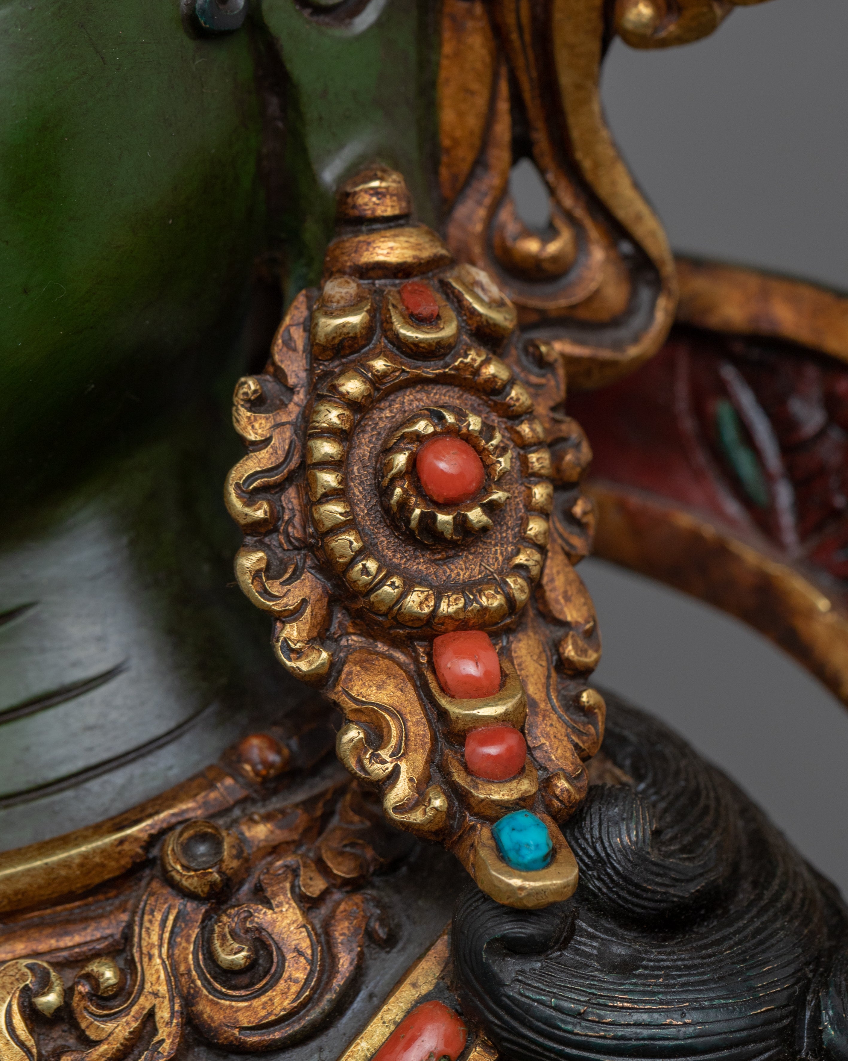 24K Genuine Gold-Gilded Green Tara Necklace Statue | Hand-Carved Buddhist Deity Sculpture