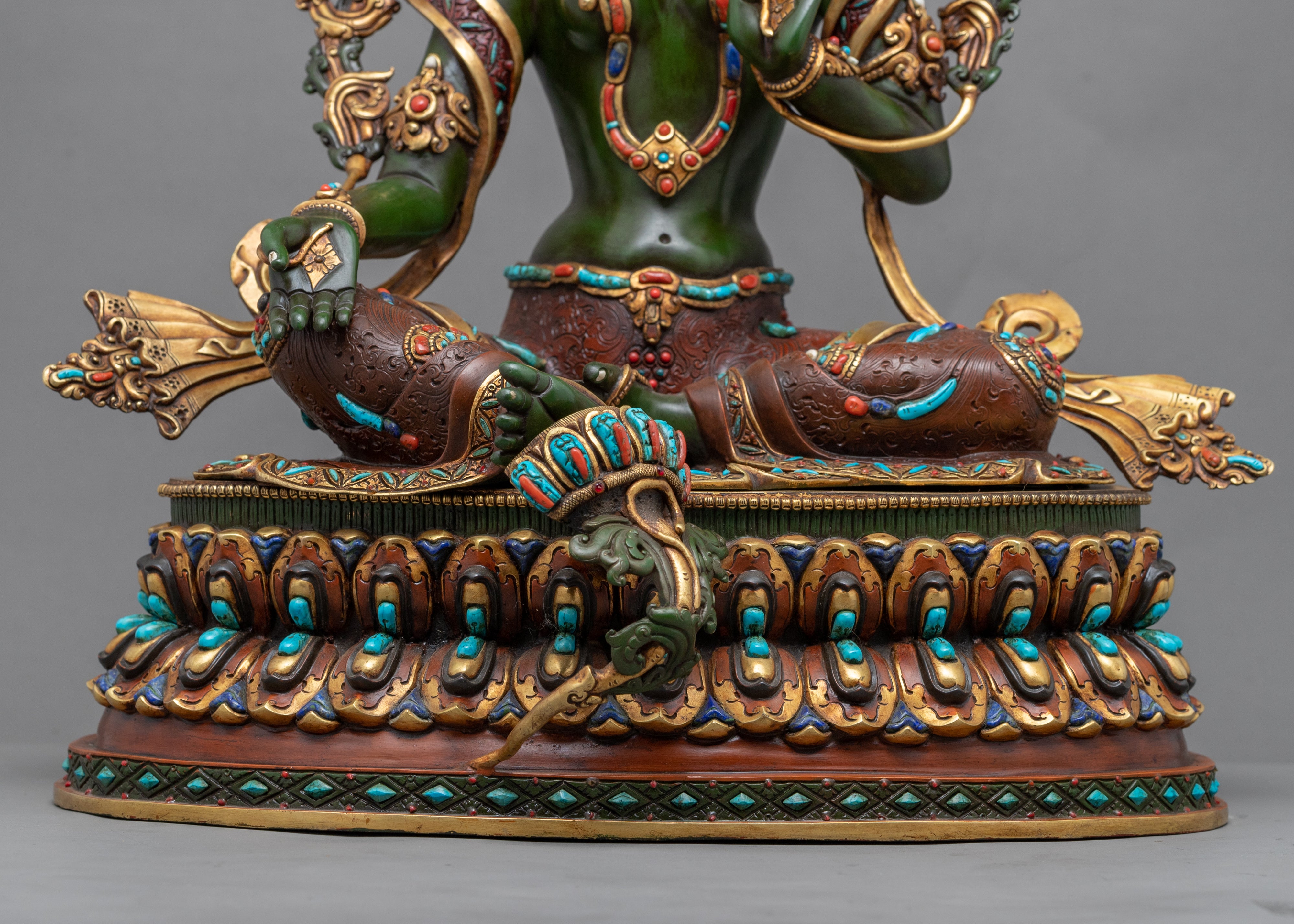 24K Genuine Gold-Gilded Green Tara Necklace Statue | Hand-Carved Buddhist Deity Sculpture