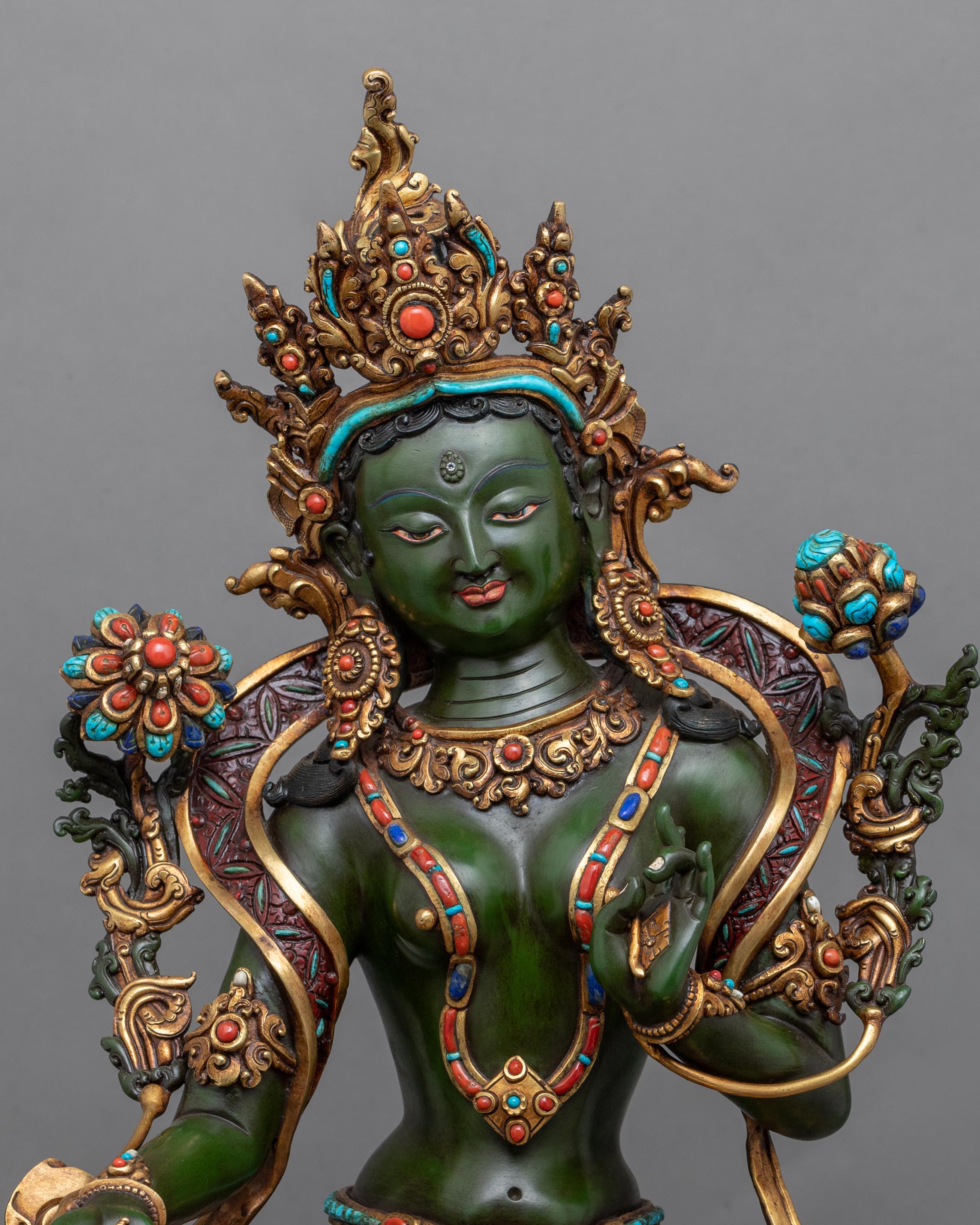 24K Genuine Gold-Gilded Green Tara Necklace Statue | Hand-Carved Buddhist Deity Sculpture