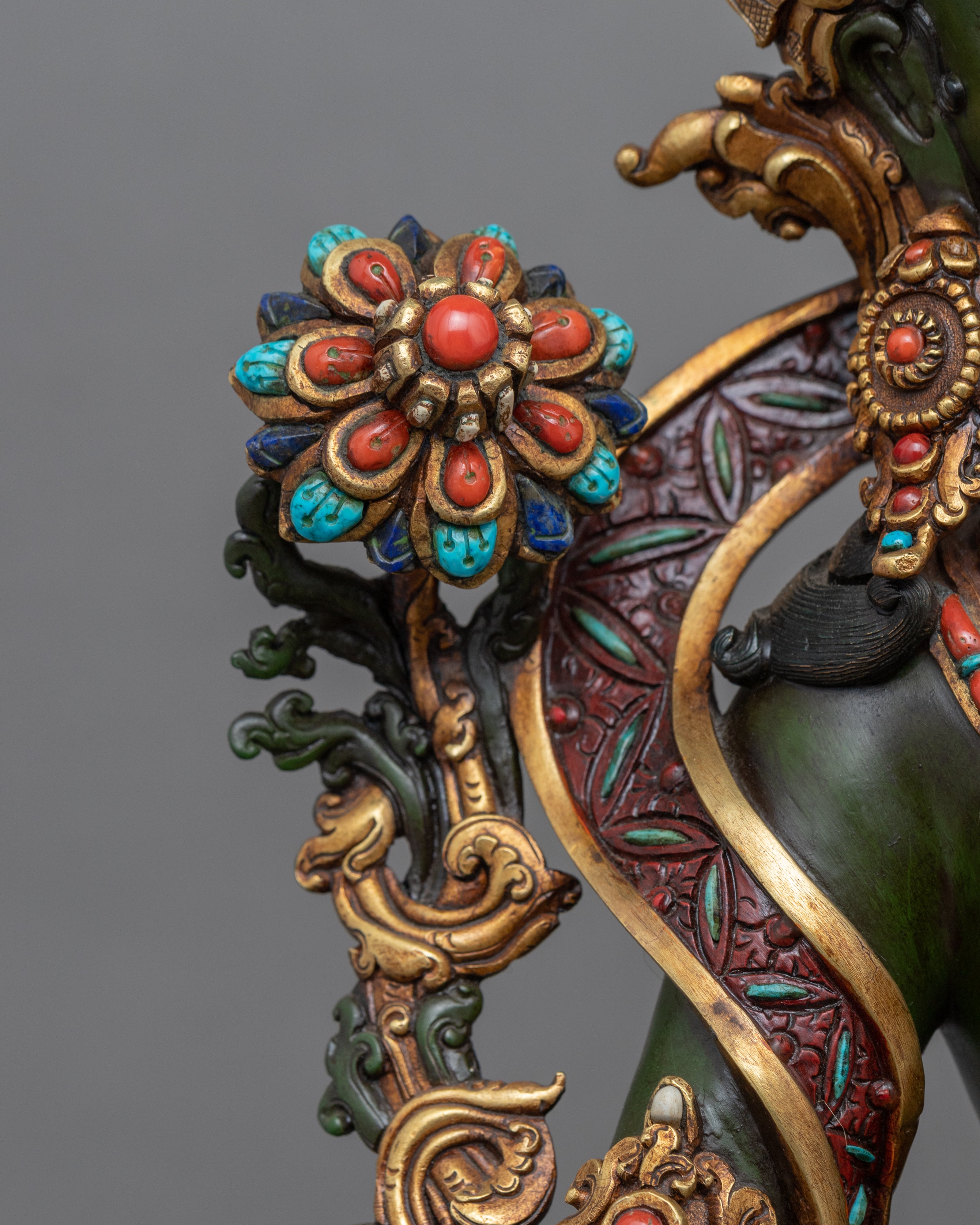 24K Genuine Gold-Gilded Green Tara Necklace Statue | Hand-Carved Buddhist Deity Sculpture