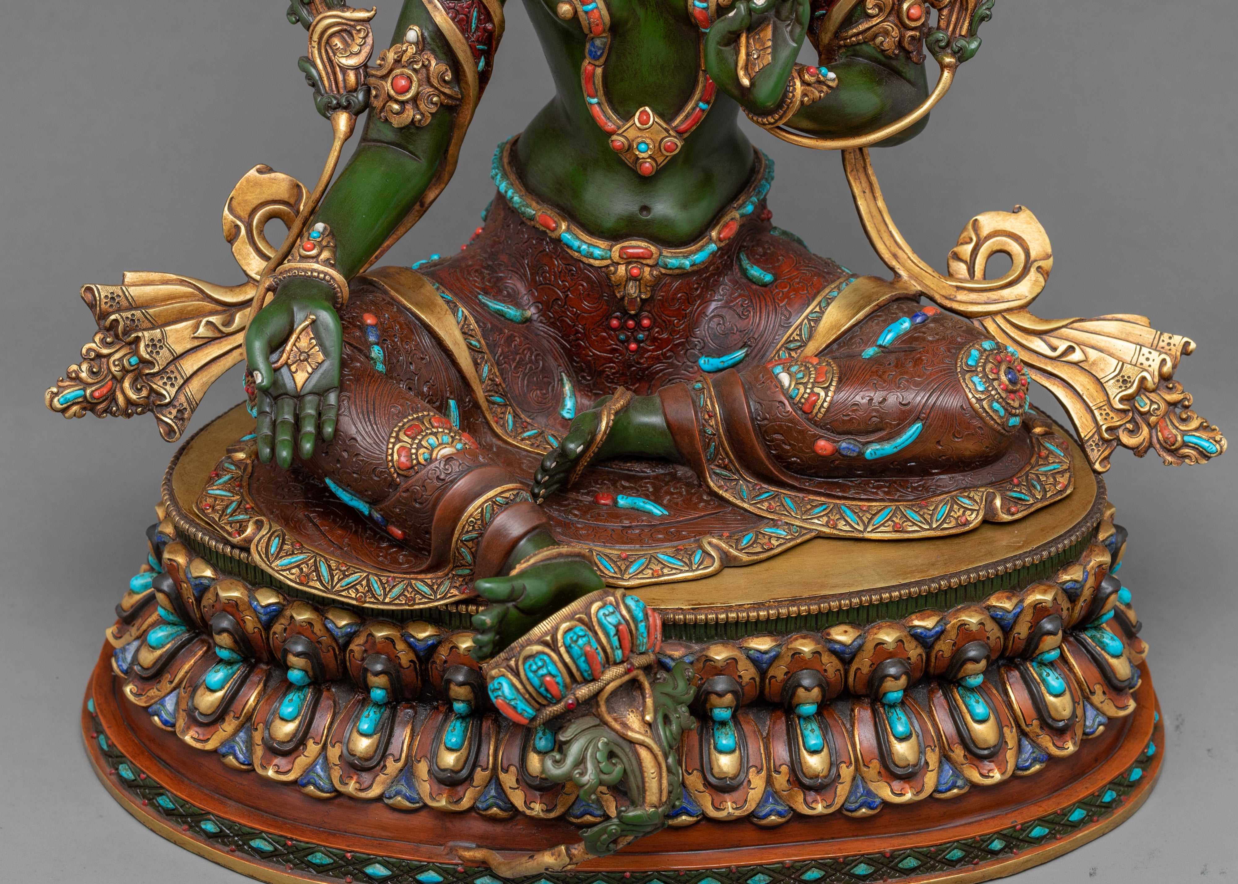 24K Genuine Gold-Gilded Green Tara Necklace Statue | Hand-Carved Buddhist Deity Sculpture