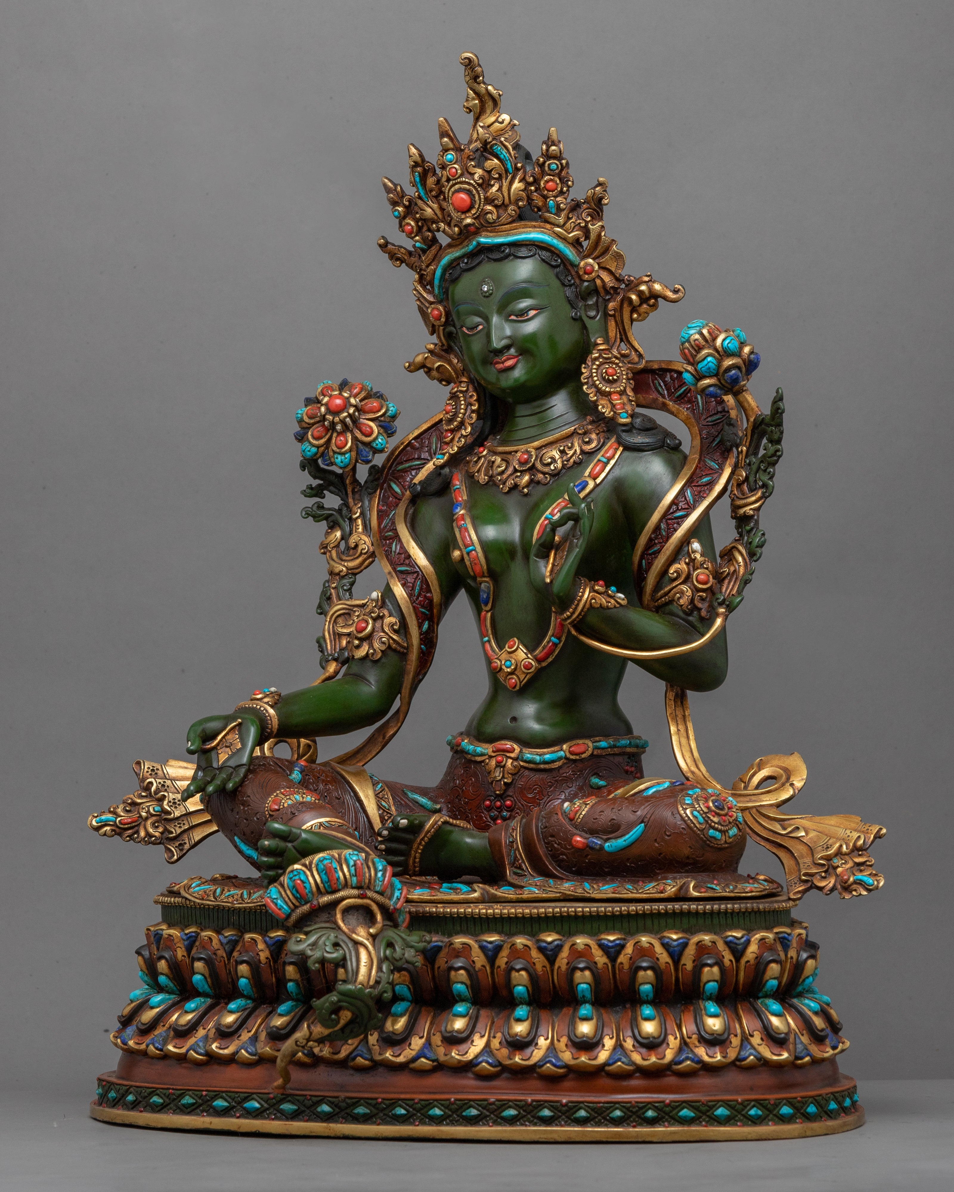24K Genuine Gold-Gilded Green Tara Necklace Statue | Hand-Carved Buddhist Deity Sculpture