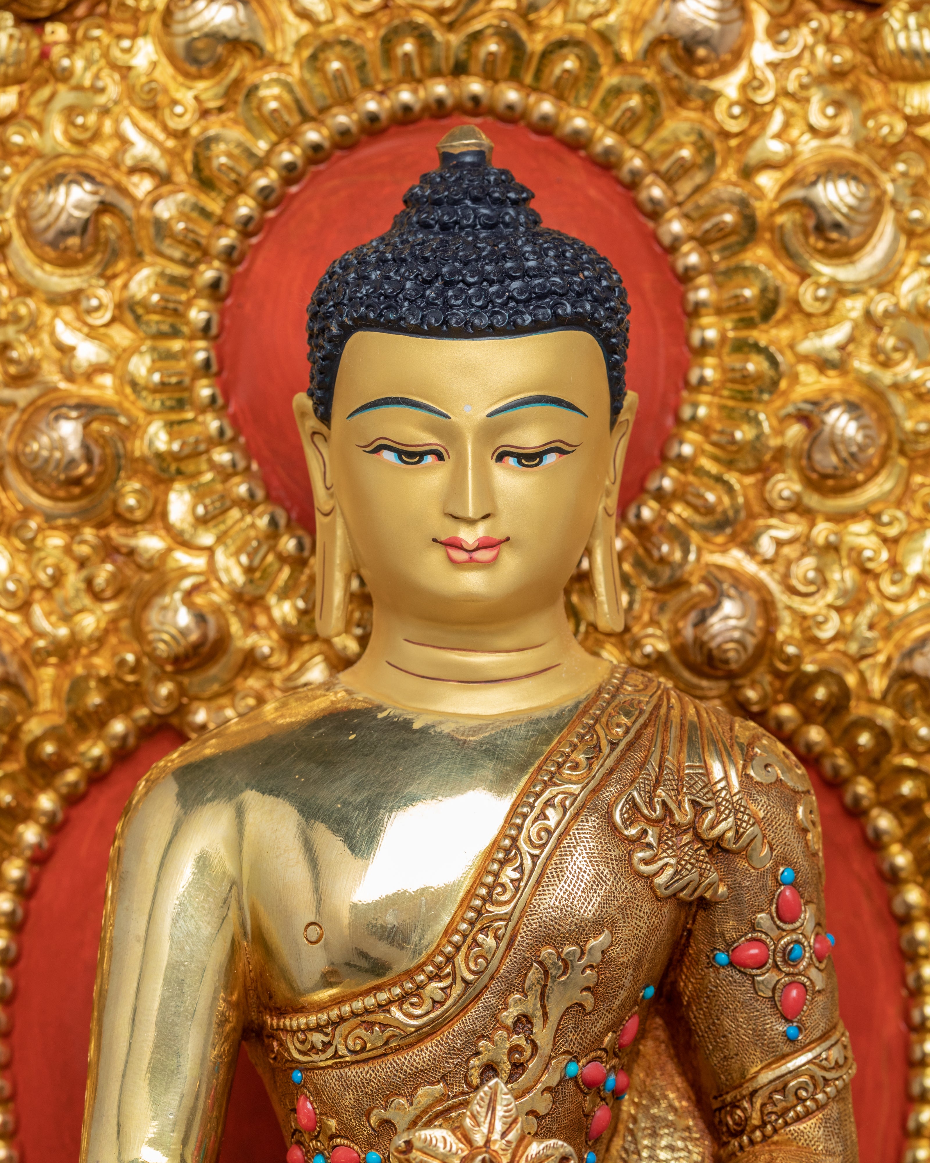 Medicine Buddha Figurine Seated Upon Throne | Gold Gilded Sculptures