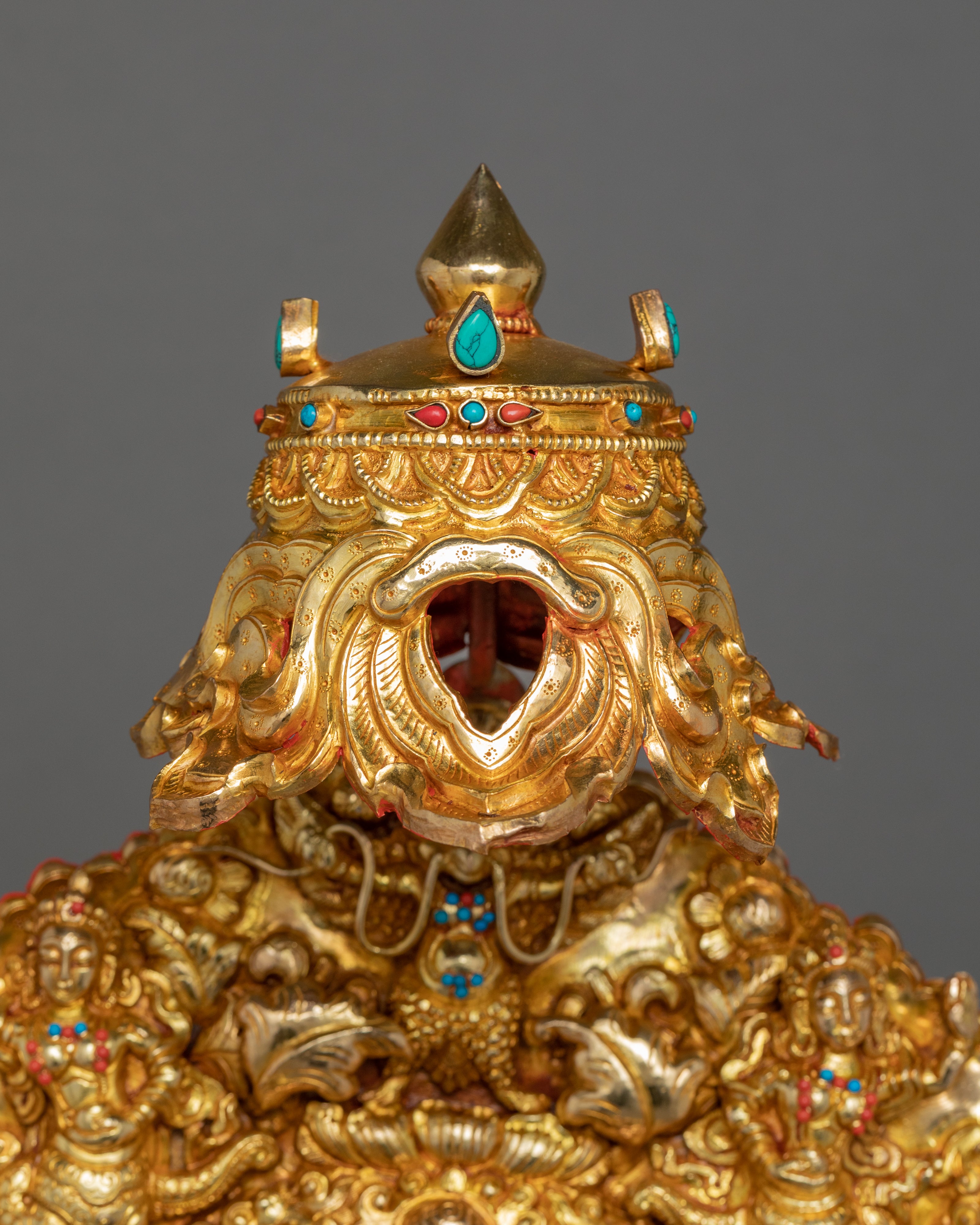 Medicine Buddha Figurine Seated Upon Throne | Gold Gilded Sculptures